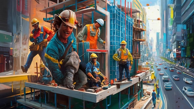 A dynamic image showing the construction of a building with workers in hard hats collaborating, symbolizing job creation and the revitalization of the construction industry.