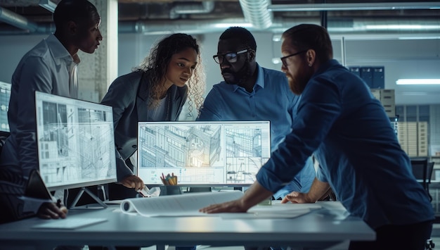 Diverse team collaborating in a modern architecture firm office, with blueprints and computer screens visible.