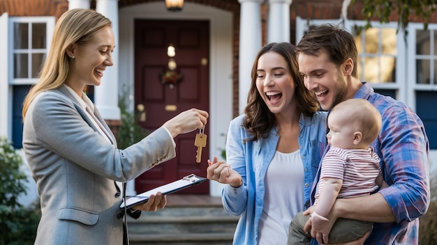 A family happily receiving keys to their new home from a real estate agent.