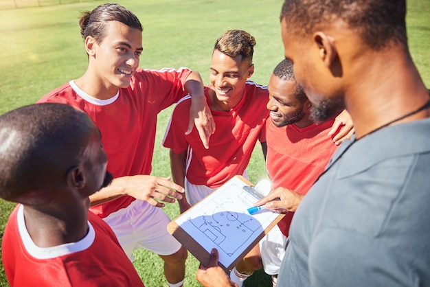 A heartwarming image of a soccer coach giving encouraging words to a group of young, diverse soccer players during a practice session in Brazil. The players are wearing their team uniforms and listening attentively to the coach, who has a friendly and supportive expression.