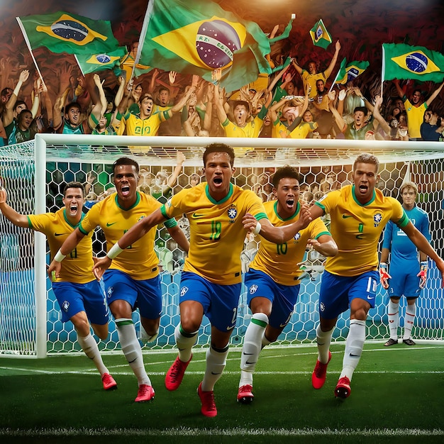 A dynamic shot of a soccer game in a packed Brazilian stadium. Players are battling for the ball amidst a sea of cheering fans wearing team colors. The focus is on the intensity and passion of the game.