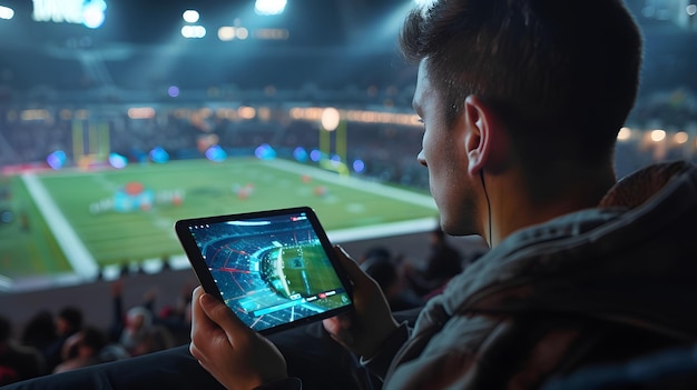 An image depicting a person analyzing sports data on a tablet while watching a game in a stadium. The focus is on the blend of data analysis and live action in sports betting.