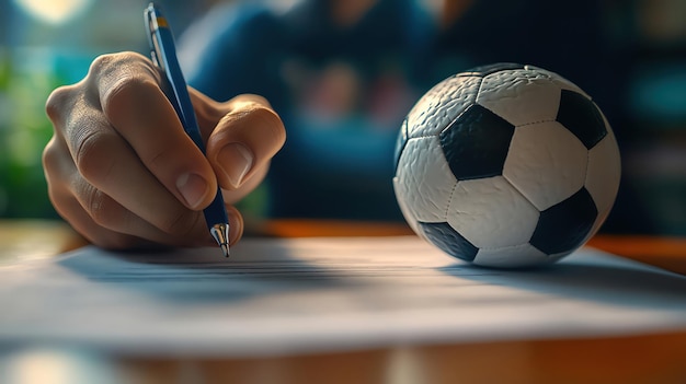 A graphic showing a soccer player signing a contract with a club, with the club's logo in the background and a pen in hand.