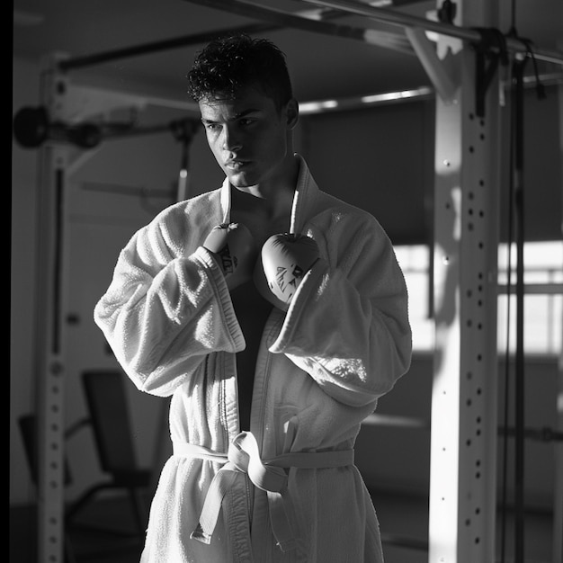 A judoka is performing plyometric exercises on a gym to enhance strength and explosiveness.