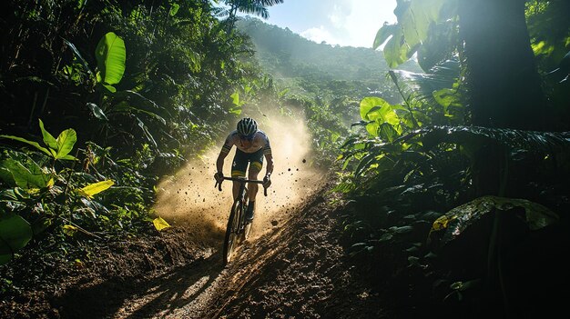 A cyclist pedaling uphill on a challenging off-road mountain bike trail in a dense Brazilian forest. Focus on the cyclist's determination and the rugged terrain.