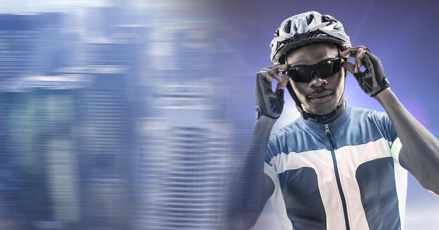 A cyclist wearing high-tech cycling gear, including a smart helmet with integrated lights and sensors, and using a handlebar-mounted GPS computer. The background should suggest an urban cycling environment.