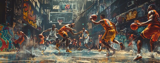 A basketball team is running a fast break down the court. The players are well-coordinated, with one player dribbling the ball and two others running alongside, ready to receive a pass. The background is a blurred image of the opposing team trying to defend.