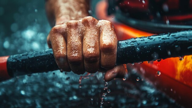 A close-up shot of a rower's hands gripping the oar during intense training, showing the muscles and the water dripping from the oar.
