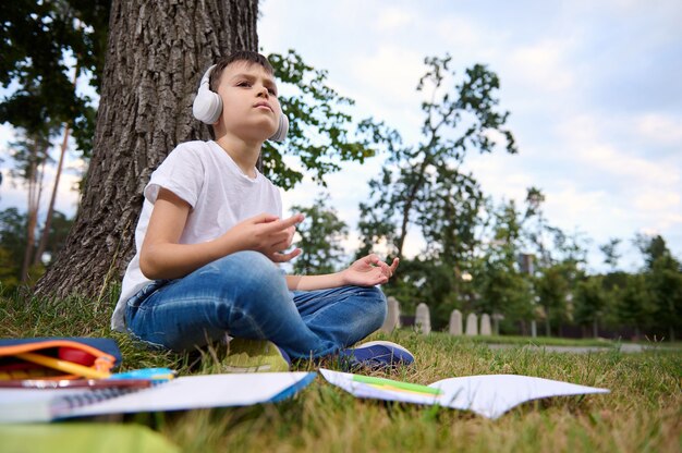 A serene scene of a student meditating outdoors in a park, surrounded by nature, with sunlight filtering through the trees. The image conveys relaxation, mindfulness, and the importance of mental well-being during exam preparation.