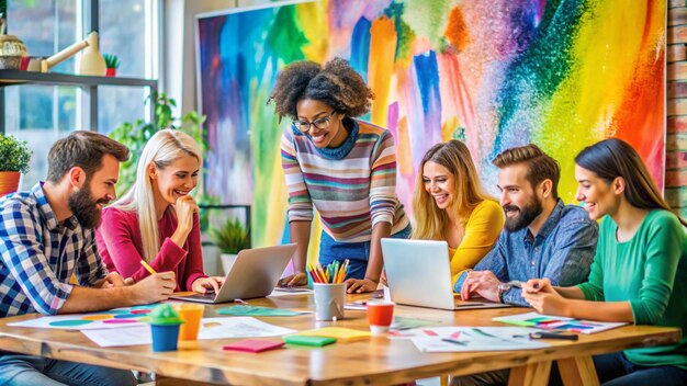 A diverse group of young professionals brainstorming in a colorful and creative office space, emphasizing teamwork, creativity, and adaptability, which are essential soft skills for the future job market.
