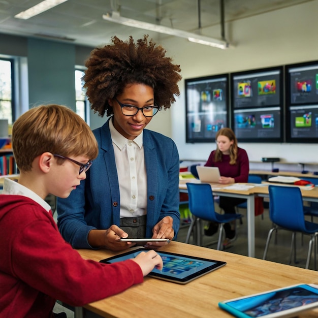A teacher guiding a student through a personalized learning plan on a digital interface, surrounded by other students engaged in different AI-assisted activities. The image captures the shift towards individualized education and the teacher's role as a facilitator.