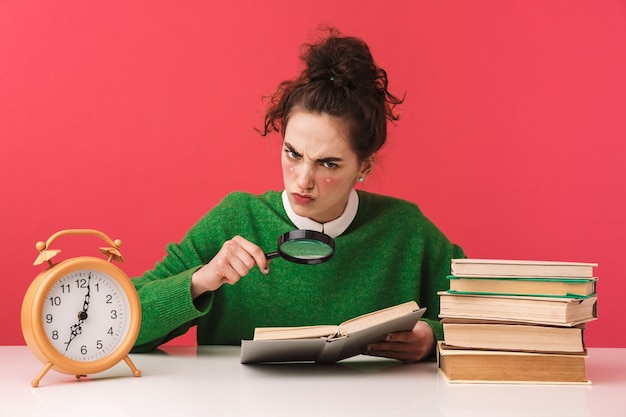 a young woman intensely focused on completing a practice exam, a timer ticking in the foreground, surrounded by scattered papers and a determined expression.