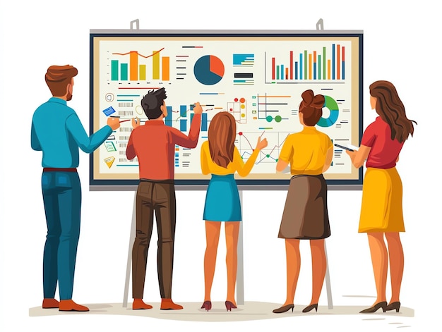 A person presenting data and insights on a whiteboard to a diverse team, highlighting effective communication and teamwork.