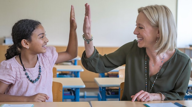 A teacher using sign language to communicate with a student during a lesson. Other students in the classroom are paying attention and engaging with the activity. The learning environment is supportive and inclusive.