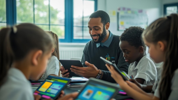 A teacher using a digital tablet in a classroom to teach English to a group of Brazilian students. The interactive lesson is displayed on a large screen, and the students are engaged and enthusiastic.