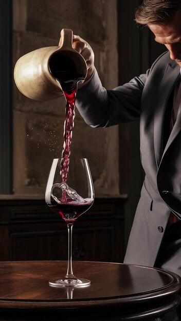 A close-up of a sommelier carefully pouring red wine into a crystal glass, with a selection of cheeses and charcuterie in the background. The lighting is soft and focused, highlighting the wine's color and texture.