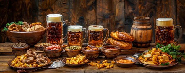 A variety of different beer styles arranged on a wooden table, with corresponding food pairings such as burgers, pizza, and tacos placed strategically around the beers. The image is bright and inviting, showcasing the versatility of beer in food pairings.