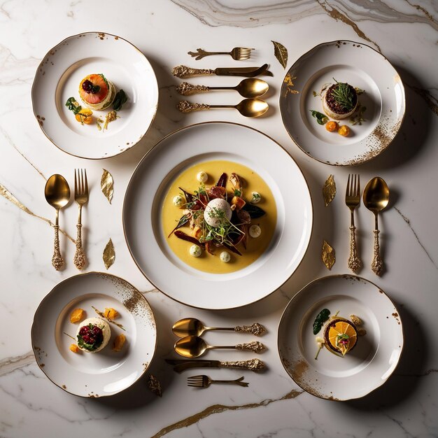A beautifully set dining table with elegant plates, cutlery, and serving dishes, showcasing a professionally plated meal, emphasizing the aesthetic appeal of the presentation.