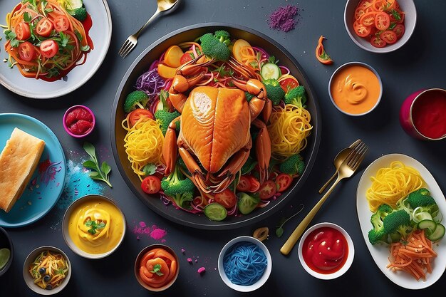 A overhead shot showcasing a variety of colorful and artfully arranged dishes from different cuisines around the world, emphasizing the global aspect of online cooking classes.