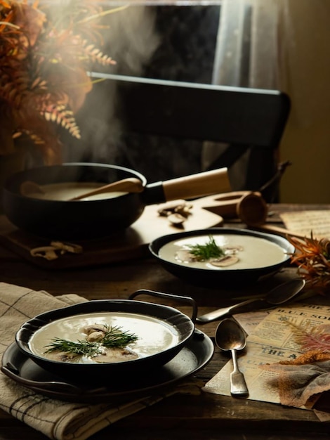 A photograph showcasing a cozy dinner scene with a bowl of steaming vegetable soup on a wooden table, surrounded by rustic elements. Soft lighting enhances the warmth and comfort of the image, suggesting a relaxing and healthy meal.