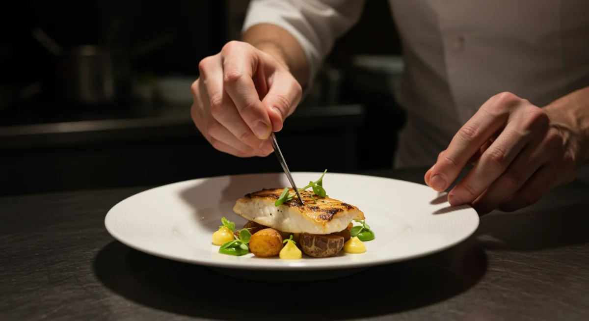 Chef preparando prato moderno com ingrediente nativo brasileiro em cozinha de restaurante.