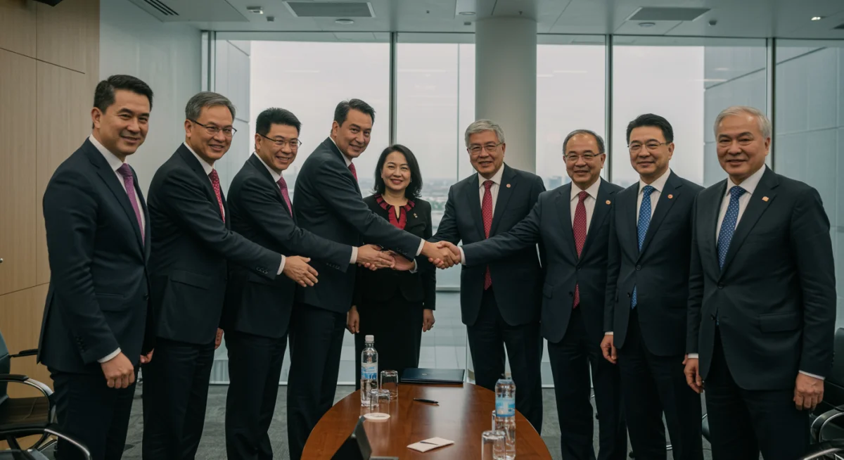 Diplomatas de diferentes países apertando as mãos em uma conferência, simbolizando cooperação multilateral e parcerias estratégicas.