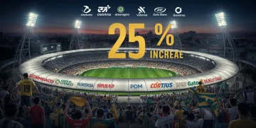 Estádio de futebol brasileiro menor com gráficos de crescimento de orçamento e logos de patrocinadores, representando sucesso financeiro.