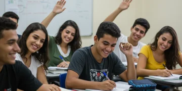 Jovens estudantes brasileiros em uma sala de aula universitária moderna, representando o acesso à educação superior.