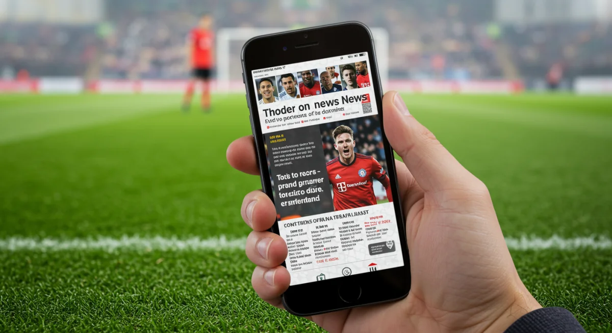 Mão segurando smartphone com notícia de transferência de jogador, simbolizando a agilidade do mercado da bola e as negociações.