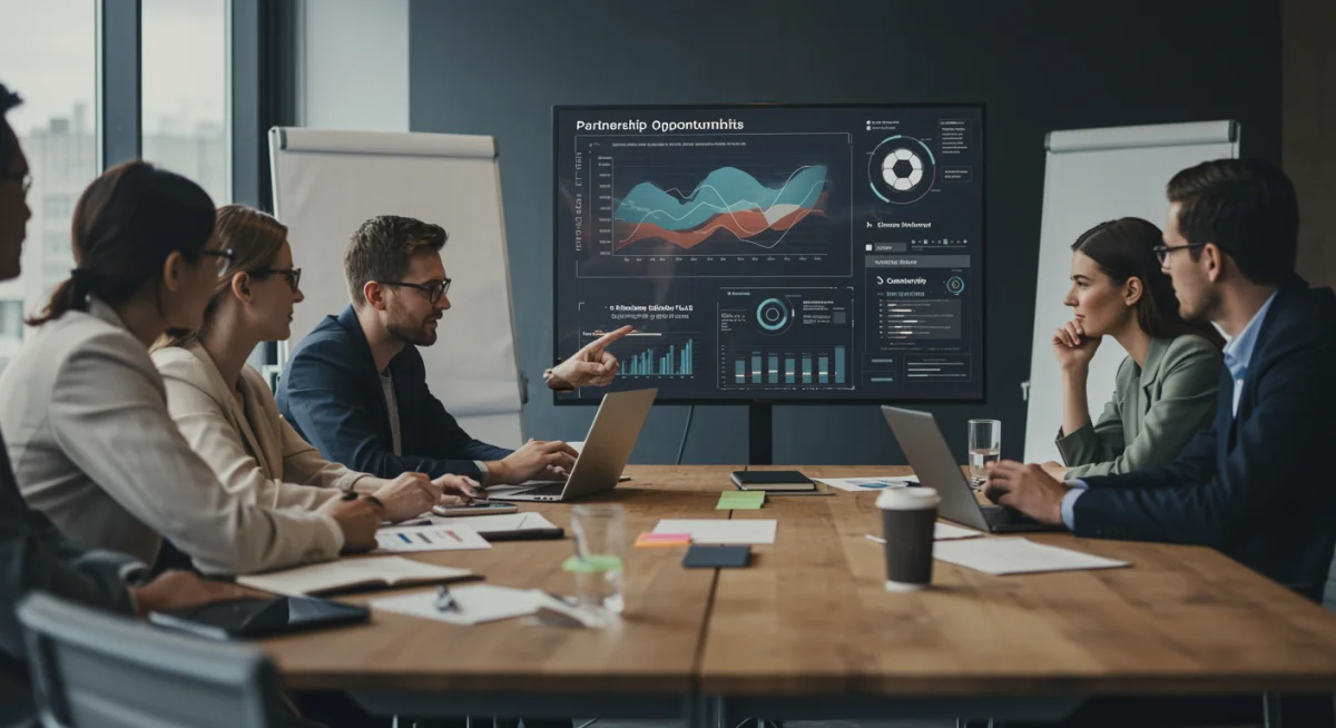 Executivos em reunião estratégica discutindo propostas de patrocínio e análise de dados para um clube esportivo.