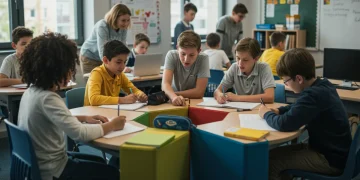 Students actively engaged in a collaborative learning environment with a facilitating teacher