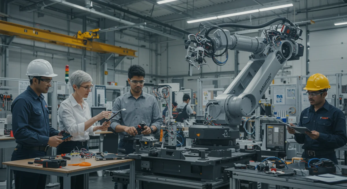 Engineers and skilled workers collaborating on advanced robotics in a manufacturing plant.