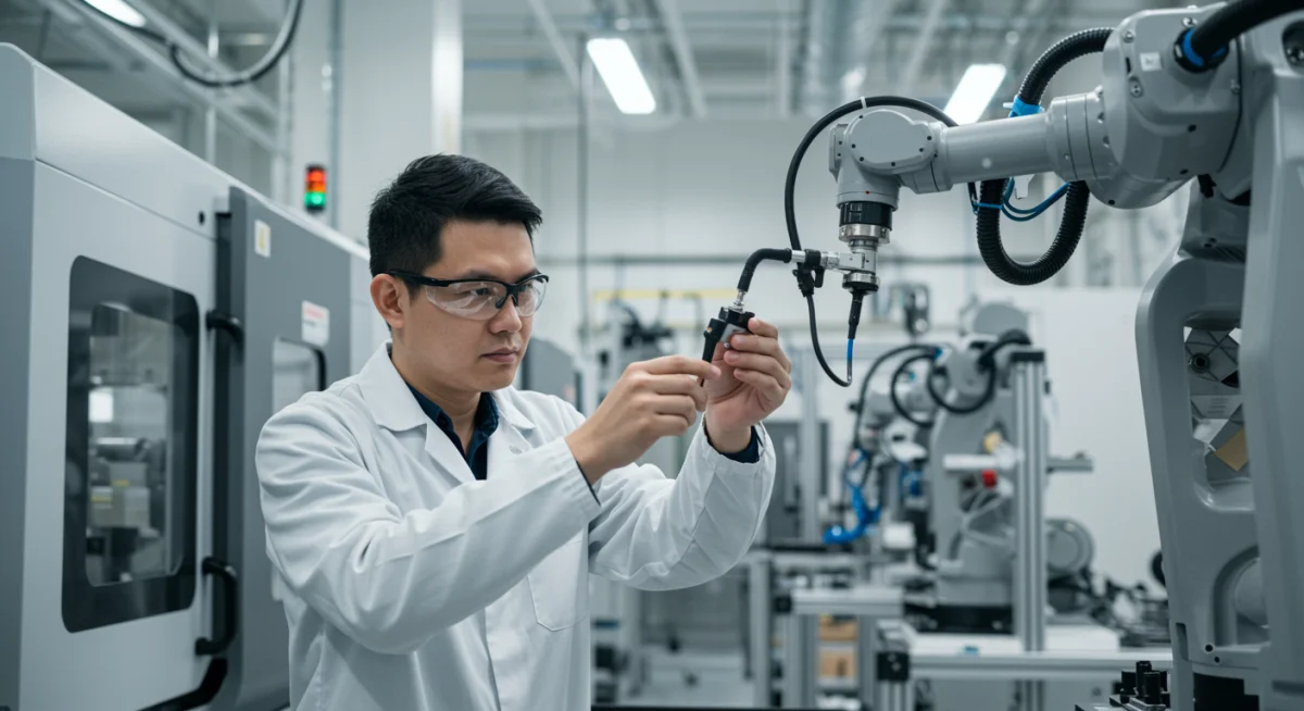 Technician calibrating robotic arm in advanced manufacturing facility.