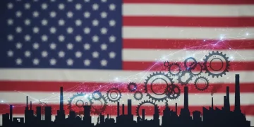 Illustration of gears and factories representing bolstered domestic manufacturing in the US.