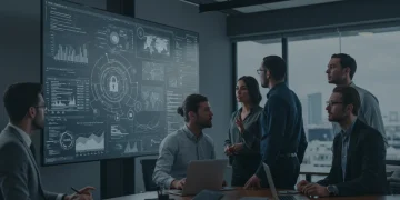 Business team analyzing cybersecurity data for federal compliance