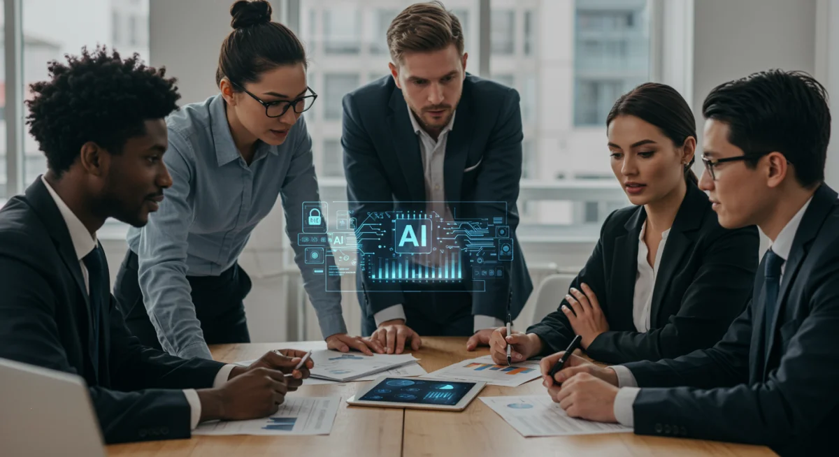 Business team discussing new AI regulations and compliance strategies in a meeting room.