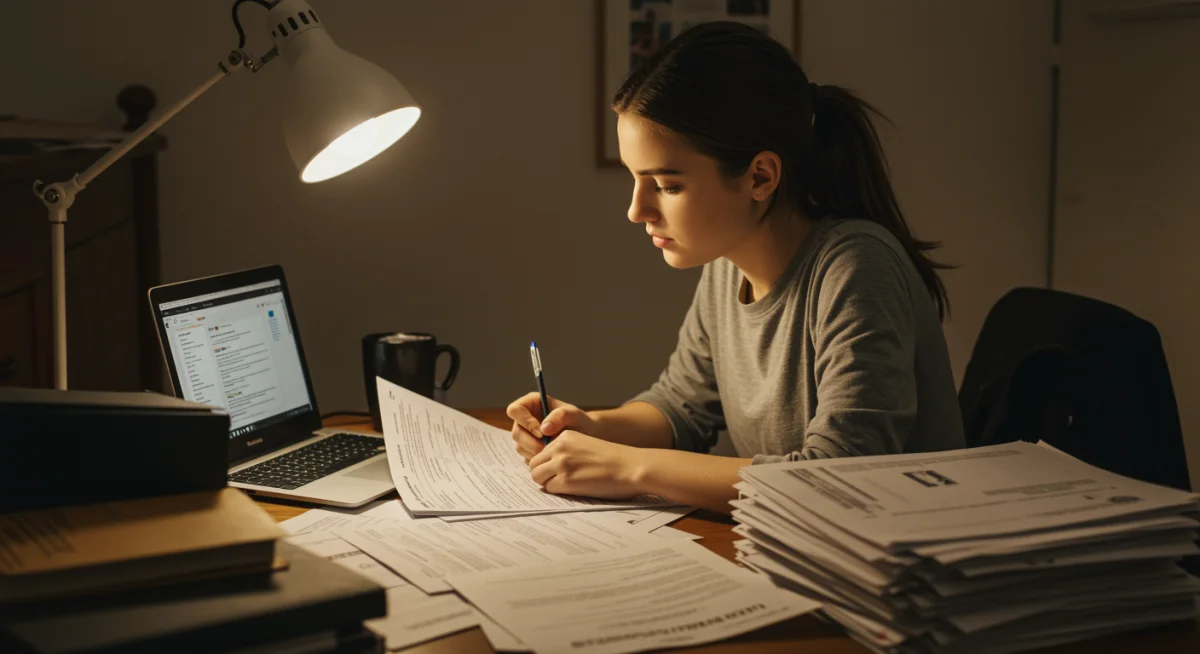 Student organizing college applications and financial aid documents