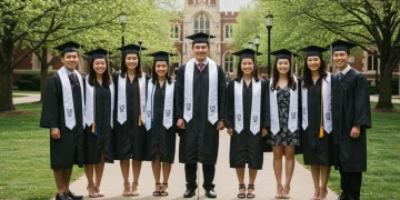Diverse high school seniors on college campus, excited for future
