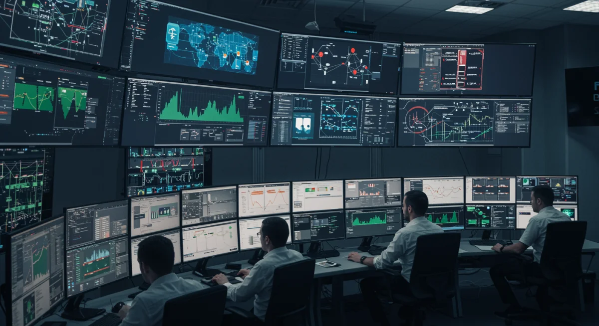Cybersecurity experts monitoring national grid systems in a control room