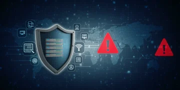 Cybersecurity shield protecting digital data from federal cyber attacks