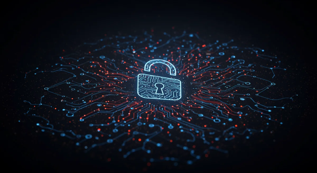 Cybersecurity threats illustration with digital lock and network data, representing modern national security challenges.