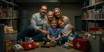 Family preparing for emergency in a basement with supplies