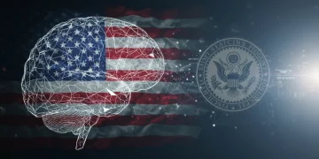 Digital representation of AI with federal guidelines overlay, symbolizing new regulations for US businesses.