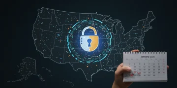 Digital lock over US map, January 2025, symbolizing new federal data privacy law