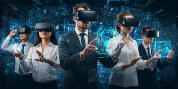 Professionals acquiring future skills with advanced technology in a modern setting.
