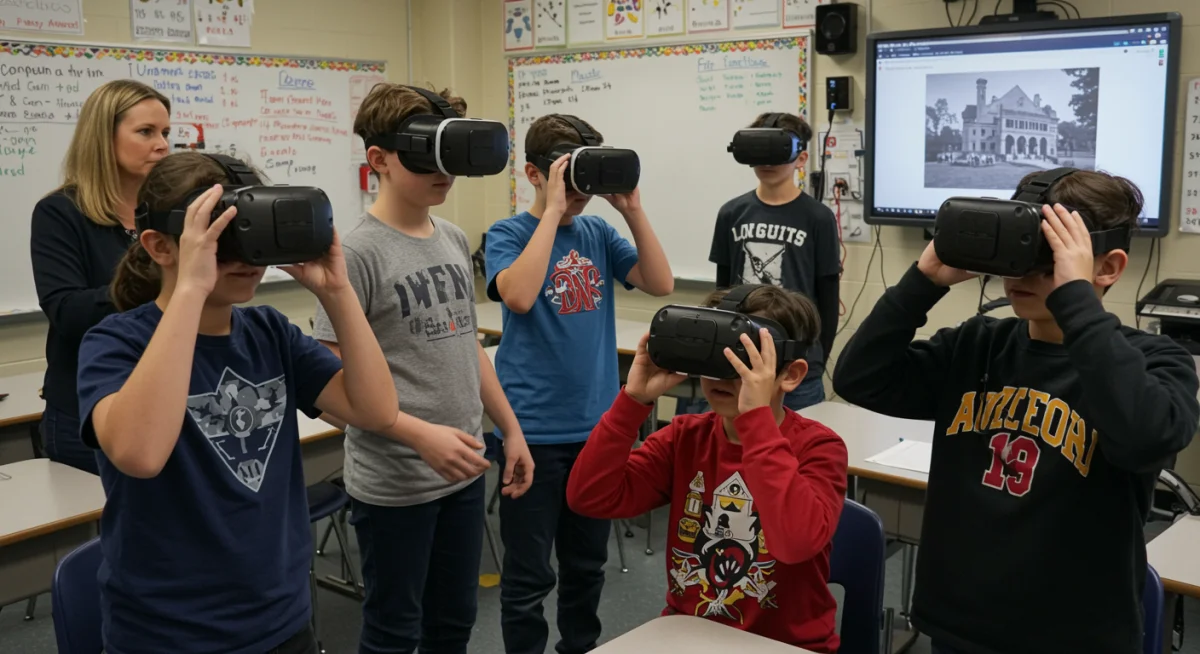 Middle school students using VR headsets for immersive historical learning