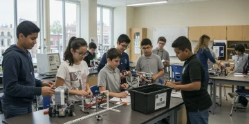 K-12 students building robots in a STEM classroom