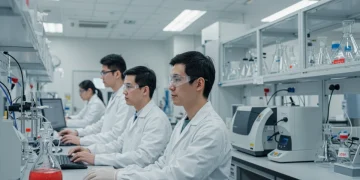Lab technicians analyzing data on a monitor, with advanced testing equipment in the background, symbolizing FDA compliance.