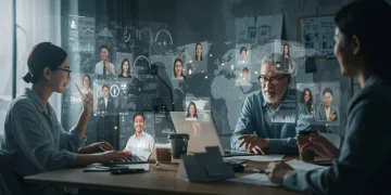Professionals collaborating remotely on digital screens, showcasing global connectivity and career opportunities.