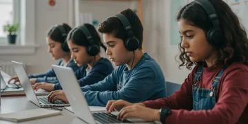 Students engaged in remote learning on laptops and tablets, focusing on well-being